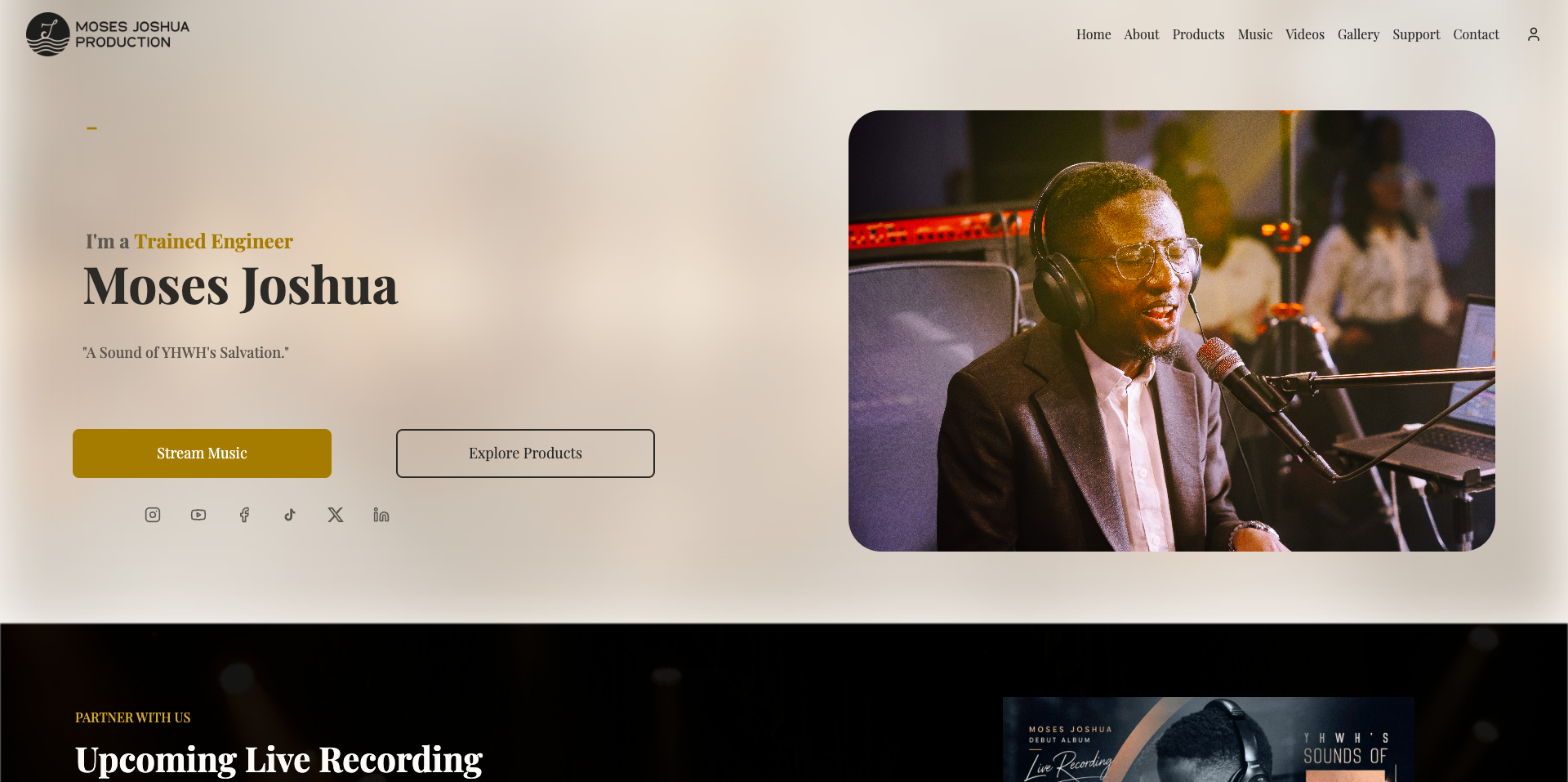 mosesjoshuaproduction.com homepage on desktop